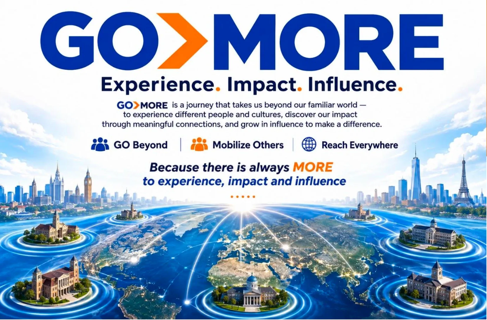GO>MORE poster: Experience. Impact. Influence. GO Beyond, Mobilize Others, Reach Everywhere - because there is always more to experience, impact and influence.